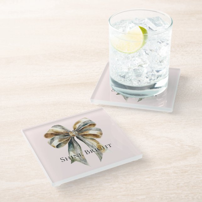 Dessous-de-verre En Verre Noel rose rose Russe Vert Bow or (Incliné)