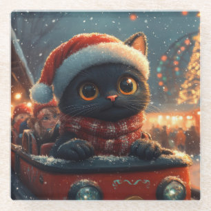 Dessous-de-verre En Verre Noir Chat Montagnes Russes Noël