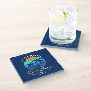 Dessous-de-verre En Verre Nom de famille Beach House Sun Palm Trees Blue