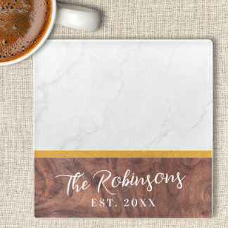 Dessous-de-verre En Verre Nom de famille en bois de marbre carré personnalis