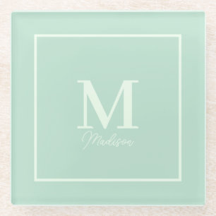 Dessous-de-verre En Verre Nom du monogramme personnalisé vert Seafoam