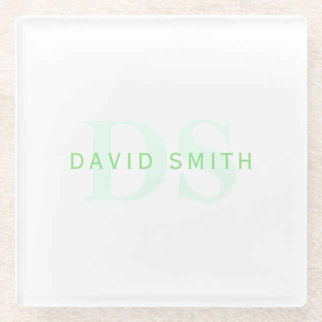Dessous-de-verre En Verre Nom et monogramme modernes | Vert et blanc (Devant)