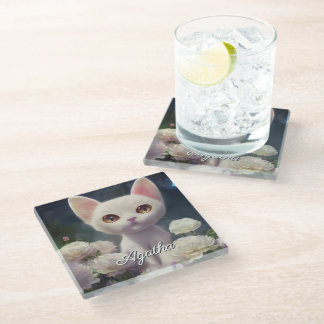Dessous-de-verre En Verre Nom personnalisé Chaton blanc mignon 