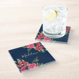 Dessous-de-verre En Verre Nom personnalisé Fleurs rouges et roses bleu foncé