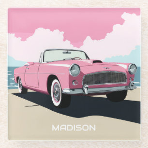 Dessous-de-verre En Verre Nom personnalisé Pink Classic Car