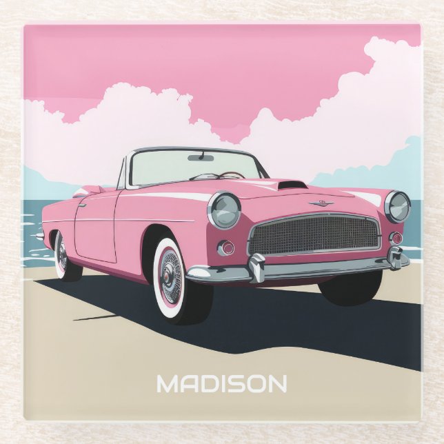 Dessous-de-verre En Verre Nom personnalisé Pink Classic Car (Devant)