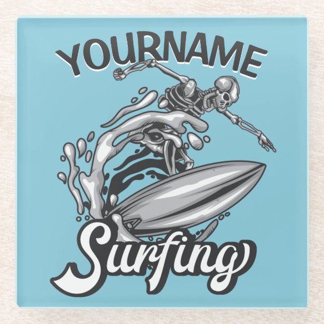 Dessous-de-verre En Verre NOM personnalisé Surfer Big Wave Skeleton Surfing (Devant)