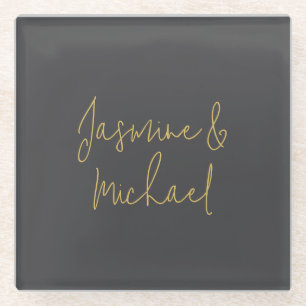 Dessous-de-verre En Verre Noms de Couple Calligraphie Chic et Élégante Gris 
