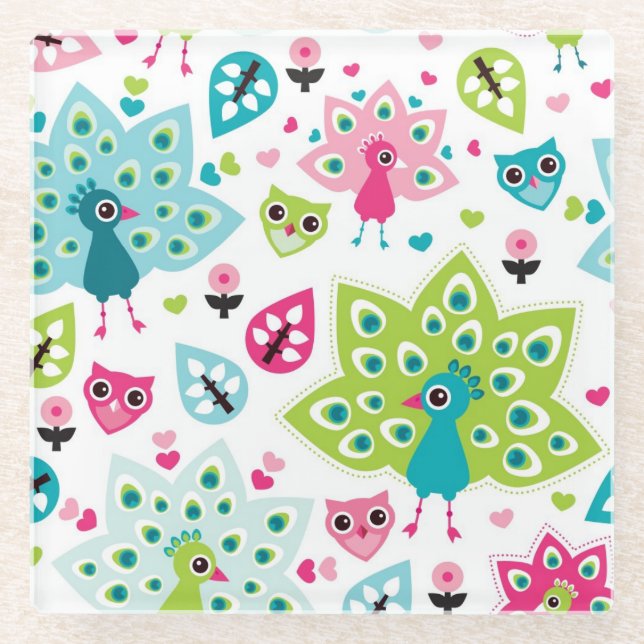 Dessous-de-verre En Verre oiseau et hibou de paon (Devant)