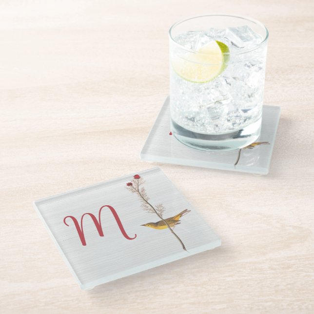 Dessous-de-verre En Verre Oiseau jaune d'Audubon sur fleur avec monogramme (Incliné)