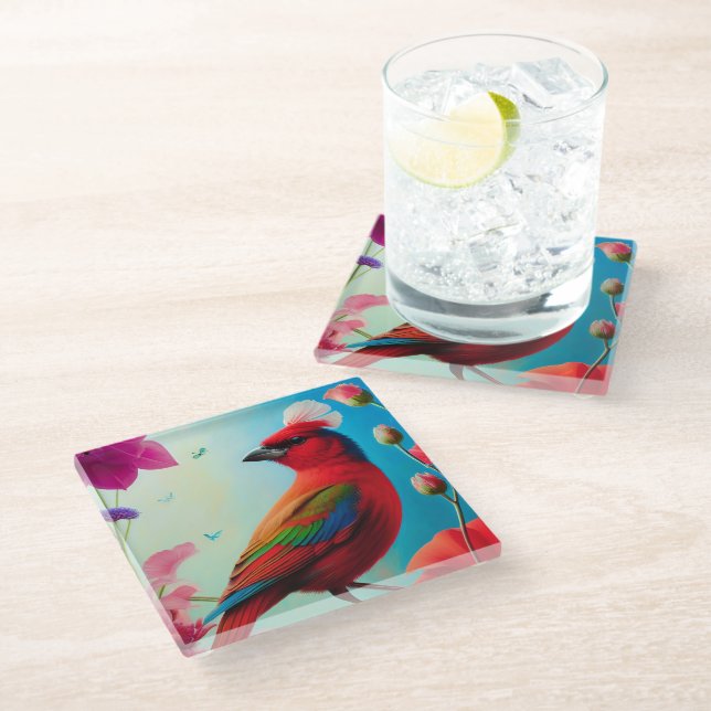 Dessous-de-verre En Verre Oiseau rouge et fleurs (Incliné)