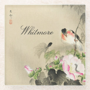 Dessous-de-verre En Verre Oiseau Vintage japonais et fleurs roses Imprimer l