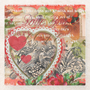 Dessous-de-verre En Verre Oiseaux de l'amour Cœur Rouge Collage d'art