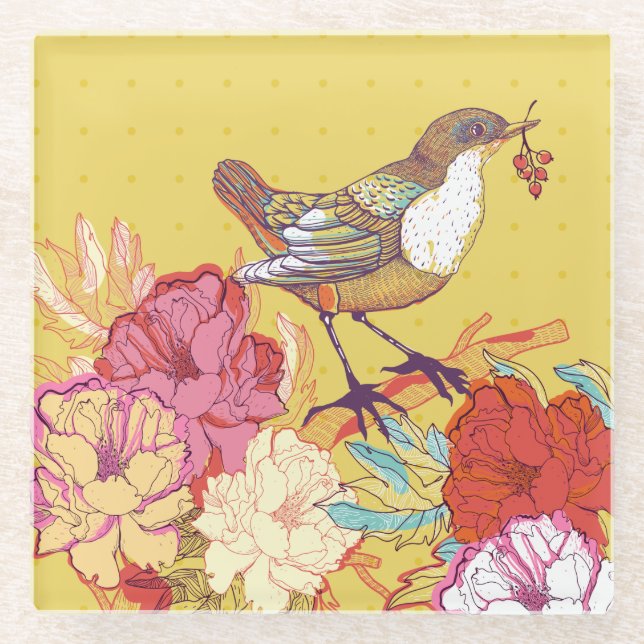 Dessous-de-verre En Verre Oiseaux et fleurs (Devant)