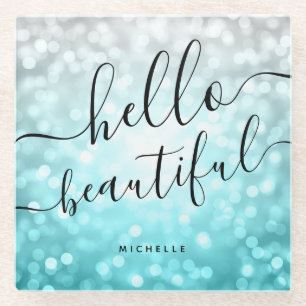 Dessous-de-verre En Verre Ombre Turquoise Silver Lights "Hello Beautiful"