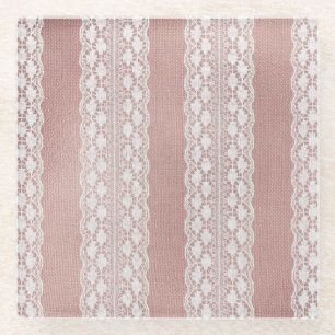 Dessous-de-verre En Verre Or rose métallisé, texture de dentelle blanc cassé