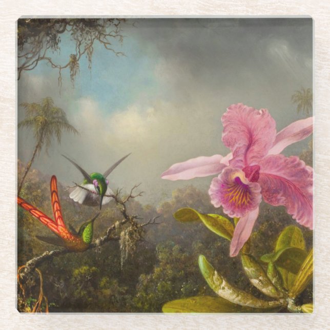 Dessous-de-verre En Verre Orchidée avec deux colibris Heade (Devant)