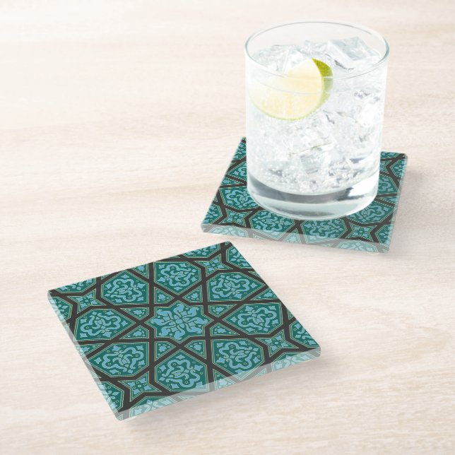 Dessous-de-verre En Verre Oriental Blue Grey Arabe Égypte Motif géométrique (Incliné)
