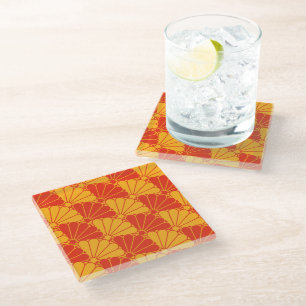 Dessous-de-verre En Verre Oriental Rouge Jaune Kiku Chrysanthemum Mon Motif
