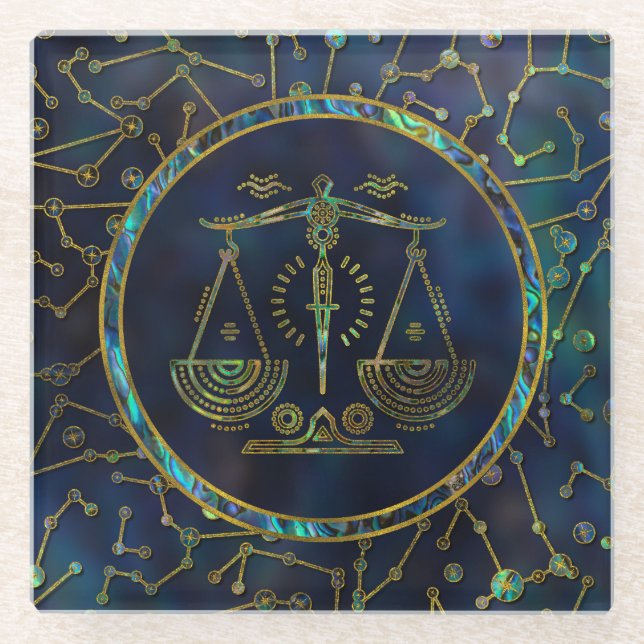 Dessous-de-verre En Verre Ormeau d'or de zodiaque de Balance sur la (Devant)