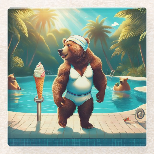 Dessous-de-verre En Verre Ours Grizzly À La Piscine (Devant)