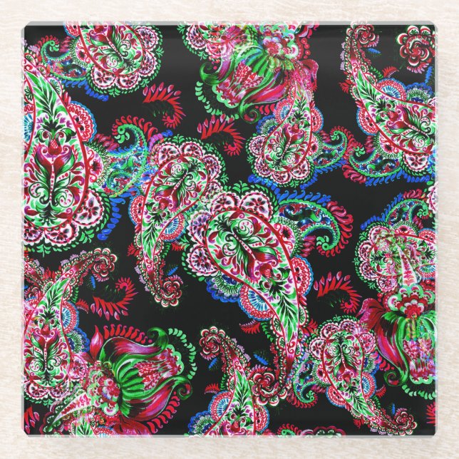 Dessous-de-verre En Verre Paisley Floral Pattern, Ethnic Arrière - plan. (Devant)