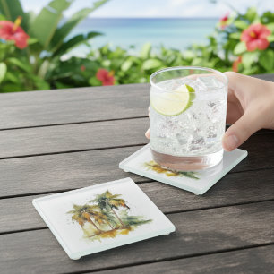 Dessous-de-verre En Verre Palmiers verts avec cocotiers couleur de l'eau tro