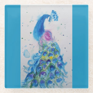 Dessous-de-verre En Verre Paon bleu aquarelle oiseau oiseaux bleu cyan