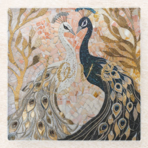 Dessous-de-verre En Verre Paons Or Paillettes Amour Rouge Rose 