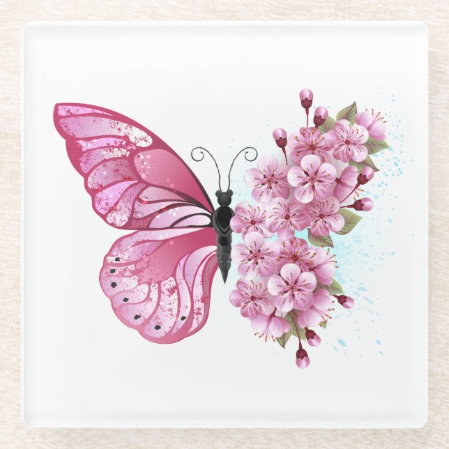 Dessous-de-verre En Verre Papillon à fleurs avec Sakura rose (Devant)