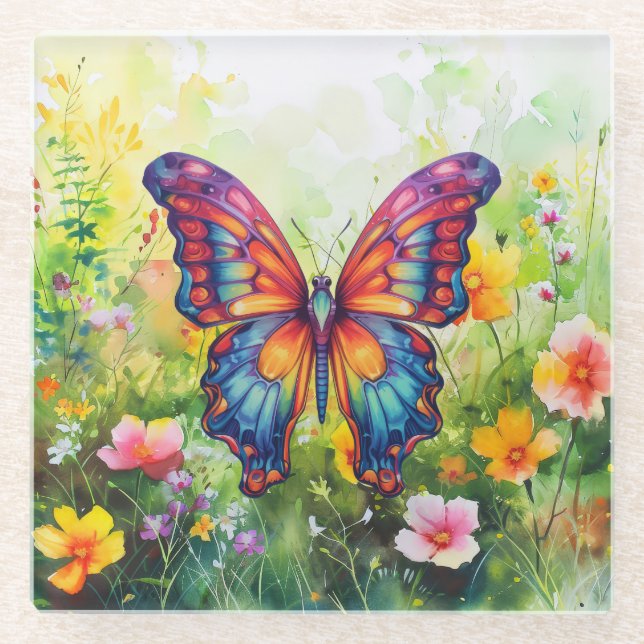 Dessous-de-verre En Verre Papillon Bleu Orange ailes (Devant)