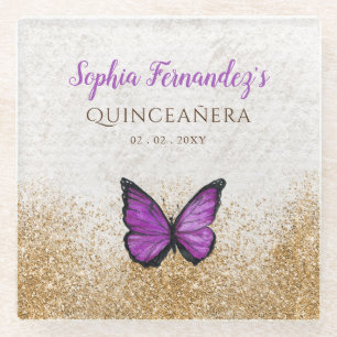 Dessous-de-verre En Verre Papillon doré violet rustique vintage 