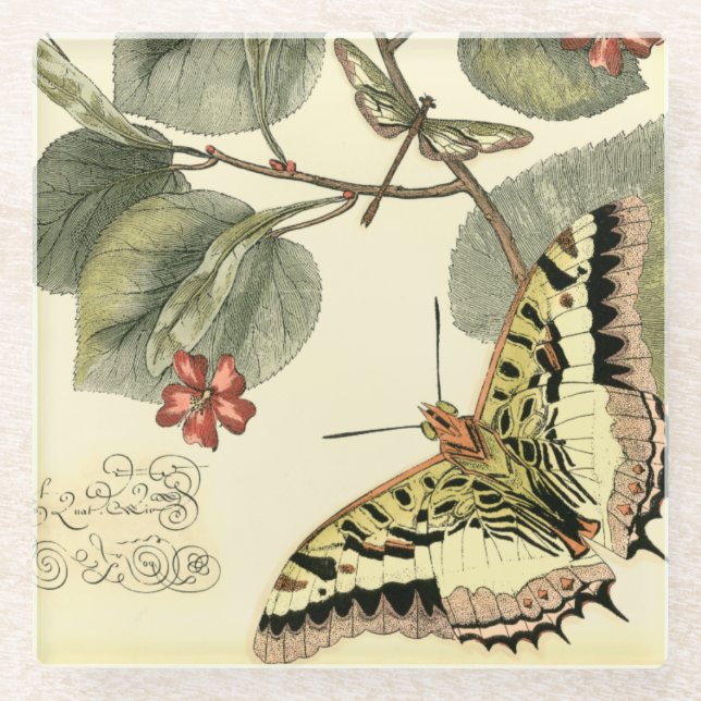 Dessous-de-verre En Verre Papillon et libellule avec les fleurs rouges (Devant)