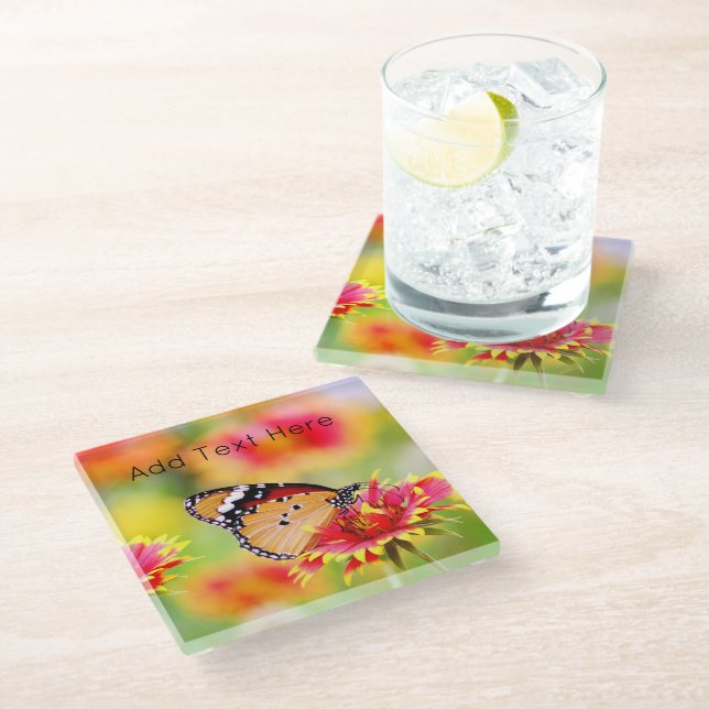 Dessous-de-verre En Verre Papillon Monarque sur Fleurs rouges et jaunes (Incliné)