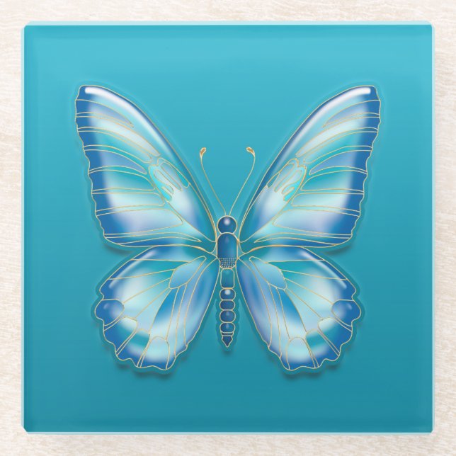 Dessous-de-verre En Verre Papillon turquoise (Devant)
