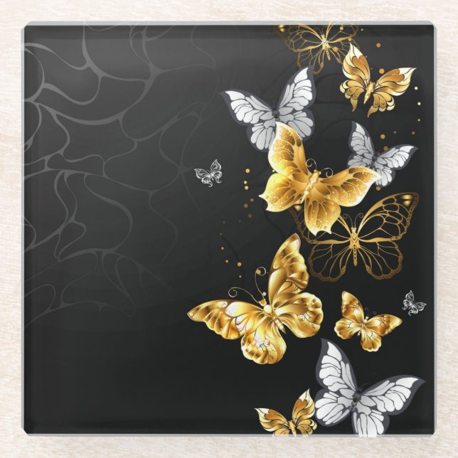 Dessous-de-verre En Verre Papillons d'or et de blanc (Devant)