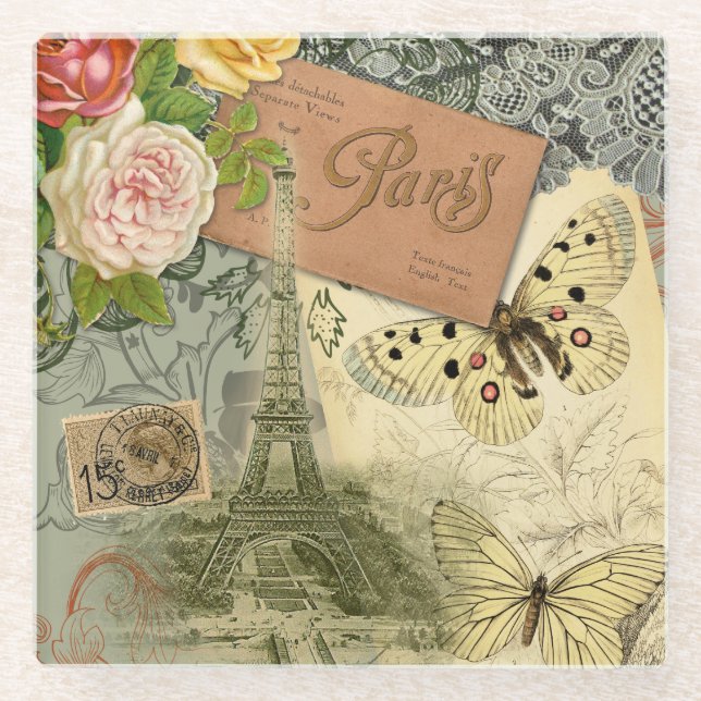 Dessous-de-verre En Verre Paris France Art Antique Collage Eiffel Français (Devant)