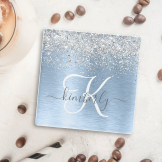 Dessous-de-verre En Verre Parties scintillant en argent brossé bleu Nom du m