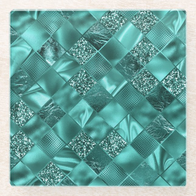 Dessous-de-verre En Verre Parties scintillant Turquoise et diamants de l'hui (Devant)