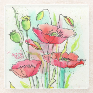 Dessous-de-verre En Verre Pavots peints d'aquarelle