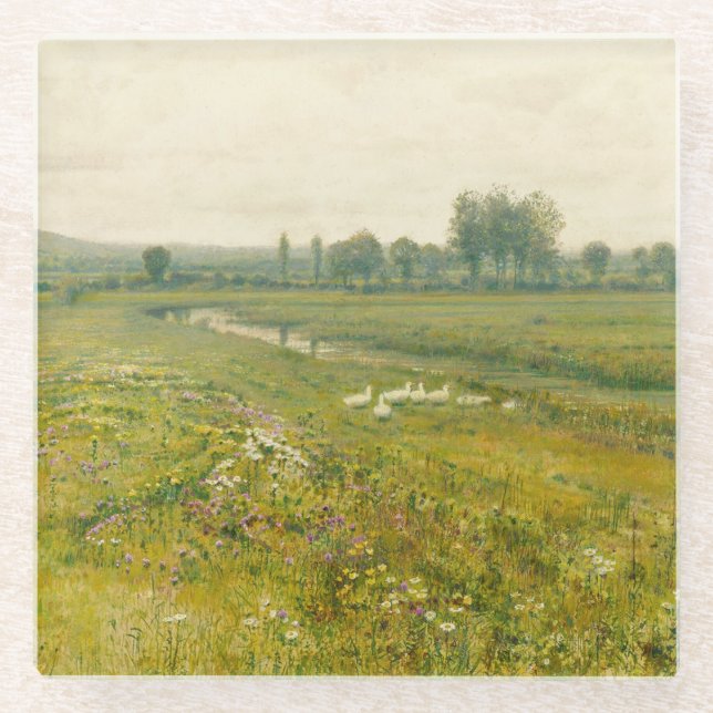 Dessous-de-verre En Verre Paysage de prairie étendu avec oies (Devant)