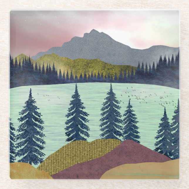 Dessous-de-verre En Verre Paysage du lac Red Sky (Devant)