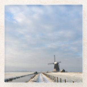 Dessous-de-verre En Verre Paysage hivernal avec neige et moulin à vent en Ho