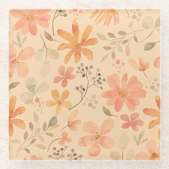 Dessous-de-verre En Verre Peachy—motif floral rose doré (Devant)