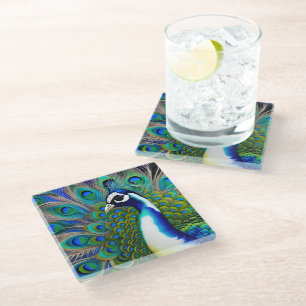 Dessous-de-verre En Verre Peacock blanc bleu et vert Piebald
