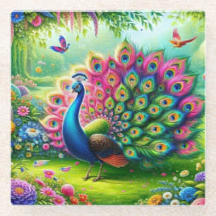 Dessous-de-verre En Verre Peacock vibrant dans un Imaginaire Jardin Peinture