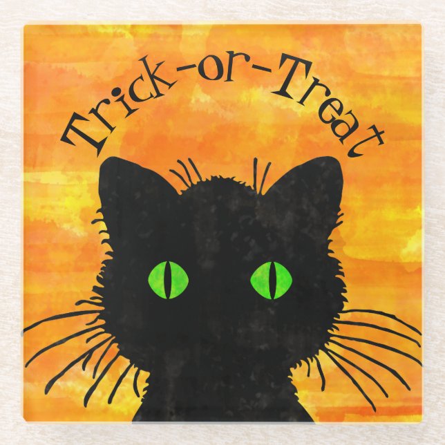 Dessous-de-verre En Verre Peeeking Chat noir Halloween Aquarelle Design (Devant)