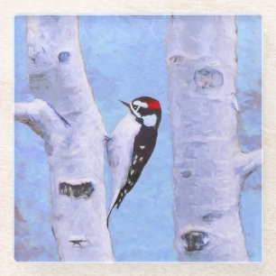 Dessous-de-verre En Verre Peinture Downy Woodpecker - Art original pour oise