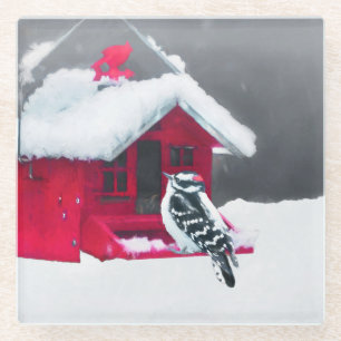 Dessous-de-verre En Verre Peinture Downy Woodpecker - Art original pour oise