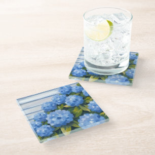 Dessous-de-verre En Verre Peinture florale d'hortensias bleus arbustifs